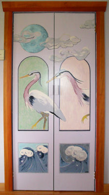 Closet doors painted w/blue herons